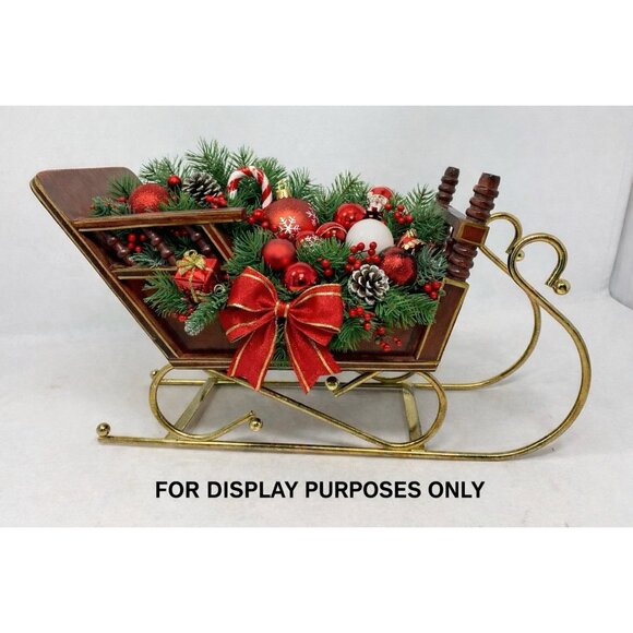 Vtg Wooden Christmas Santa Sleigh Display with Brass Metal Runners Holiday 13x5” - Picture 13 of 13